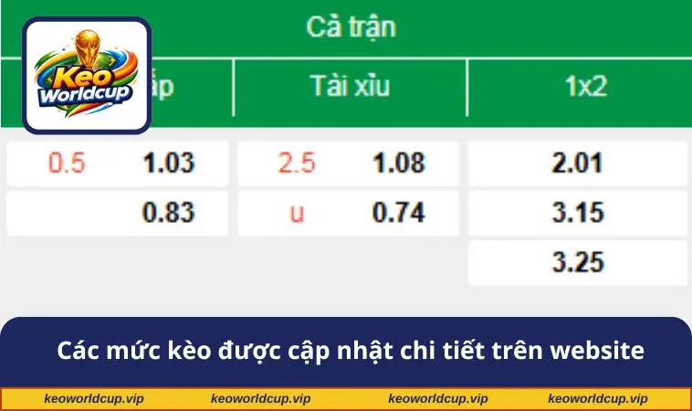 Các mức kèo được cập nhật chi tiết trên website
