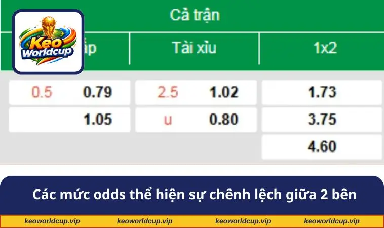 Các mức odds thể hiện sự chênh lệch giữa 2 bên
