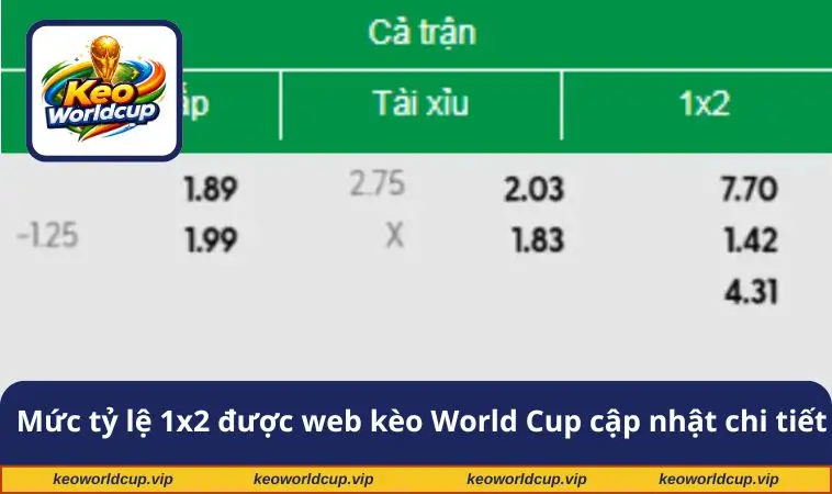 Mức tỷ lệ 1x2 được trang kèo World Cup cập nhật chi tiết