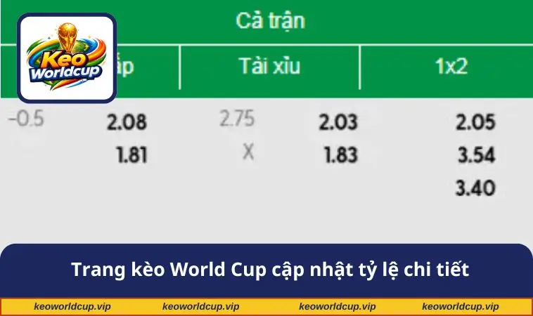 Trang kèo World Cup cập nhật tỷ lệ chi tiết